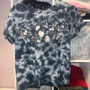 American Eagle Outfitters Blue Tie-Dye Tee with Flow embroidery